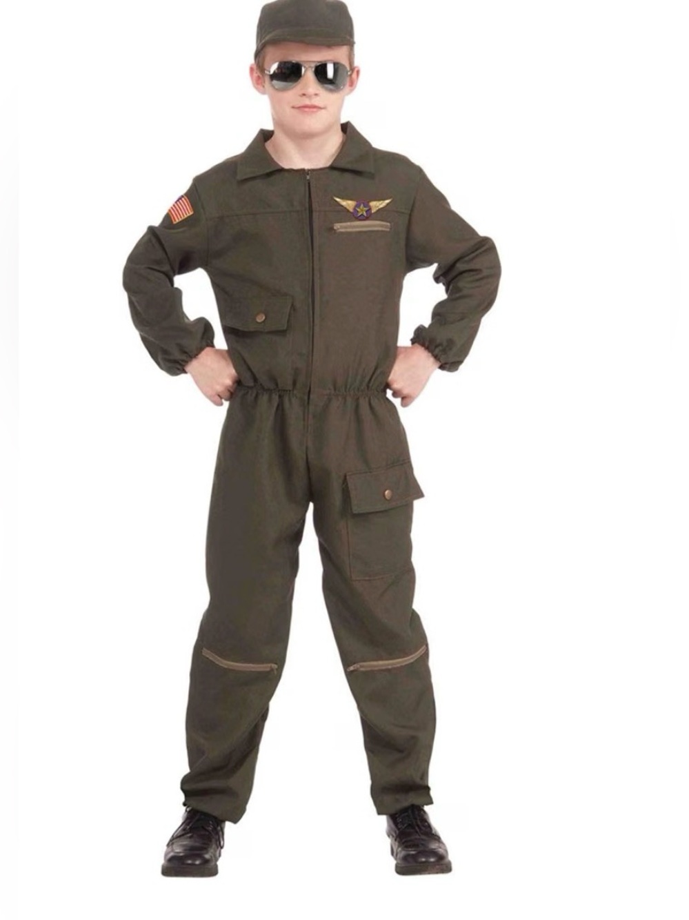 2pcs Fighter Jet Costume Kids Olive Green Pilot Flight Jumpsuit Costume Top Gun